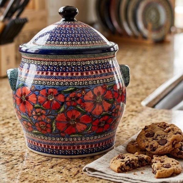 Handmade Polish pottery cookie jar with lid from Boleslawiec
